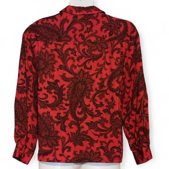 Vintage 90s Rena Rowan for Saville Blouse Size 12 Red Black Paisley Office Chic - Picture 8 of 9